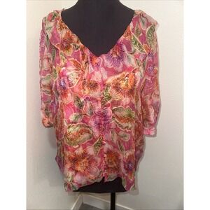 Johnny Was Jade Marcia Ruffle Blouse & cami Size L Floral Flowe Short Sleeve